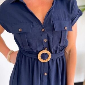 SHORT SLEEVE NAVY BUTTON DOWN MIDI DRESS WITH BELT - 2XL